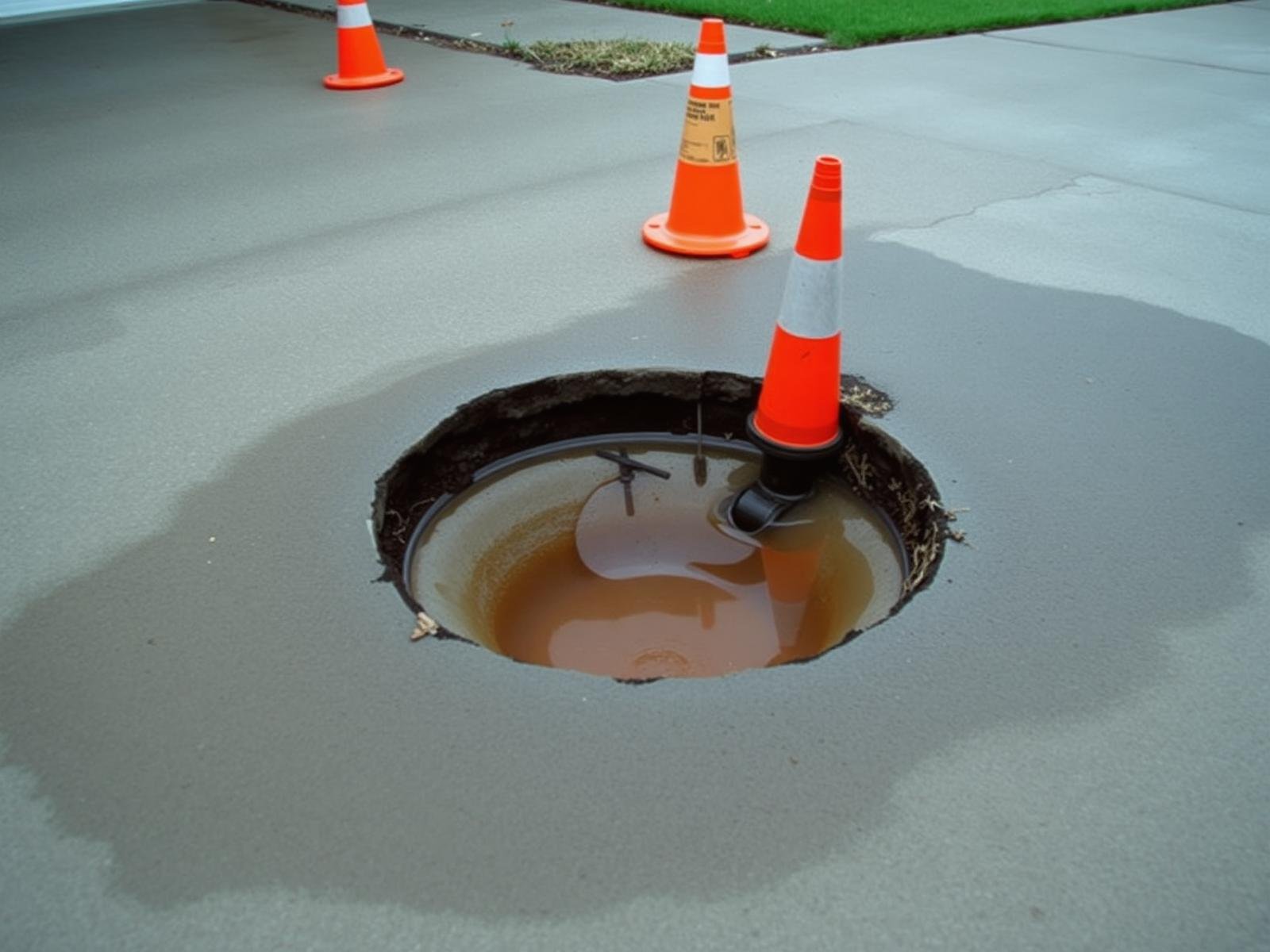 Job #SC-2503-018 before sewage cleanup — concrete driveway with a small sinkhole depression above a failed underground sewer lateral, wet ground darker around the sink, brown-tinted water seeping from a crack in the concrete, orange safety cone, same standing camera angle as the after photo.