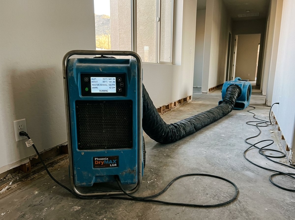 Phoenix DryMAX industrial LGR dehumidifier and high-velocity axial air mover running in below-grade basement space