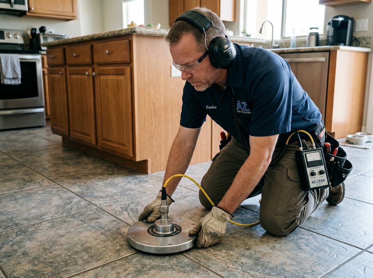 Certified leak specialist using acoustic ground microphone and thermal sensors to trace hidden water travel beneath tile
