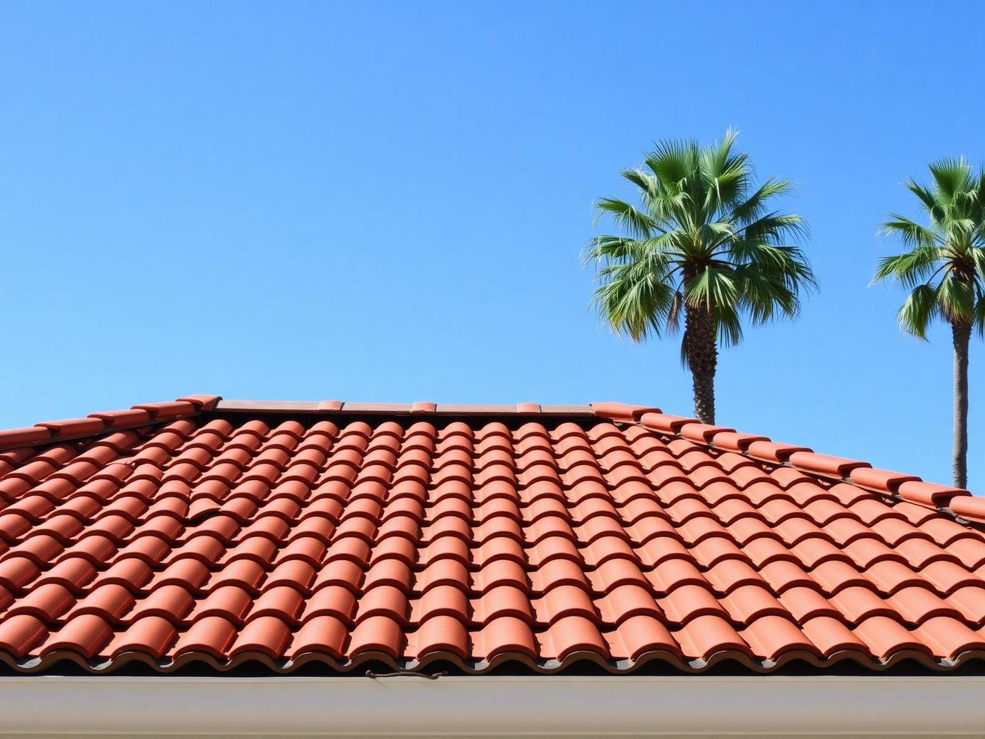 Job #SD-2408-017 after storm restoration — the same concrete tile roof from the same elevated camera angle, now fully repaired with uniform terracotta tiles in clean parallel rows, no lifted or missing tiles, no exposed underlayment, palm trees in the background matching the before photo.