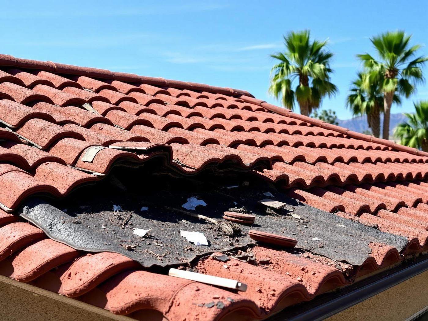 Job #SD-2408-017 before storm restoration — Arizona home concrete tile roof after a monsoon microburst, with terracotta tiles lifted and displaced along one directional roof slope, black felt underlayment exposed underneath, storm debris scattered across the roof, same camera angle as the after photo.