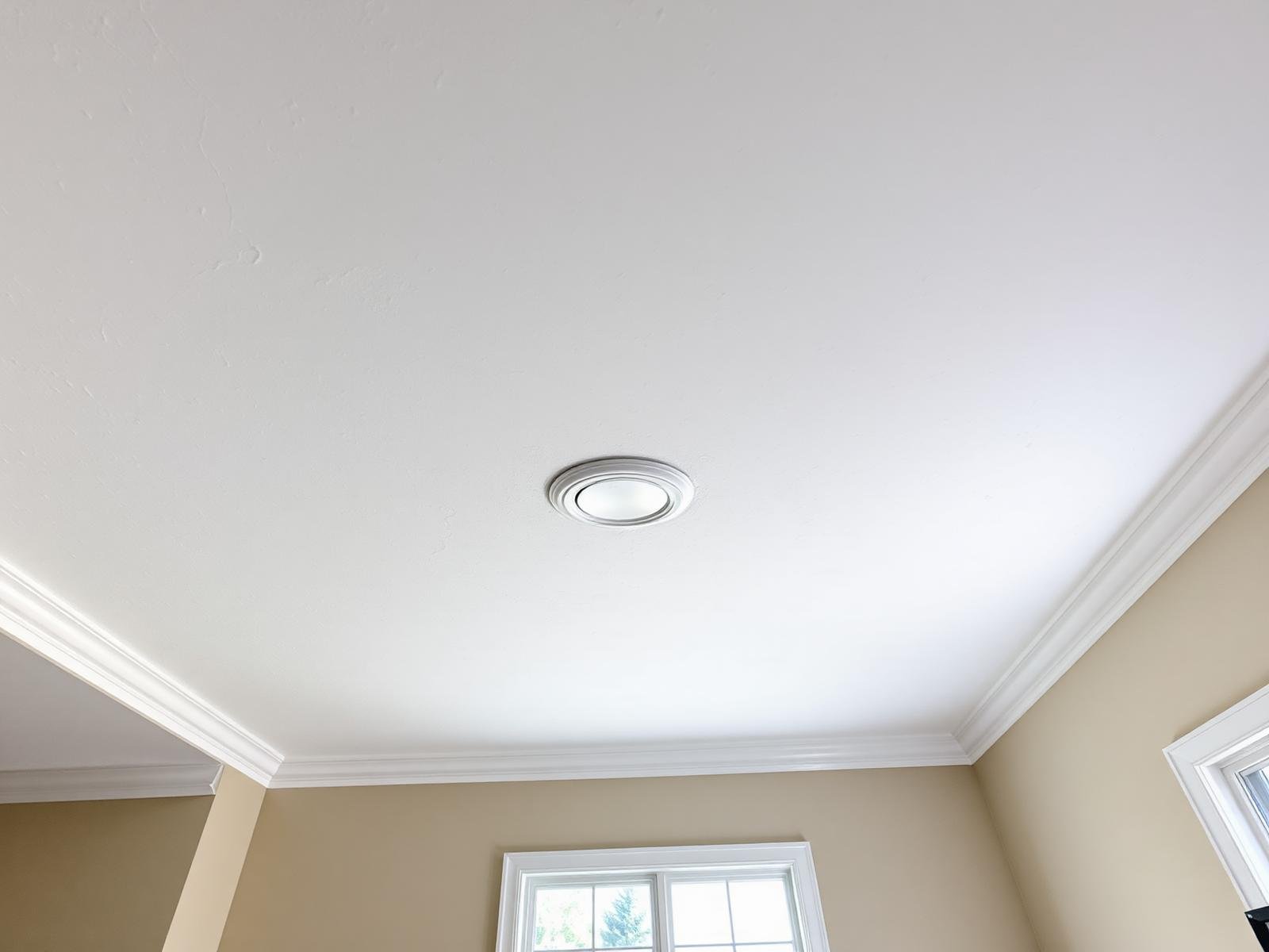 Job #SD-2409-042 after storm restoration — the same living room ceiling and upper wall from the same camera angle, now fully restored with clean uniform white textured drywall, freshly repainted, no water stains, no bubbling paint, no sagging, the same recessed light fixture clean and intact.