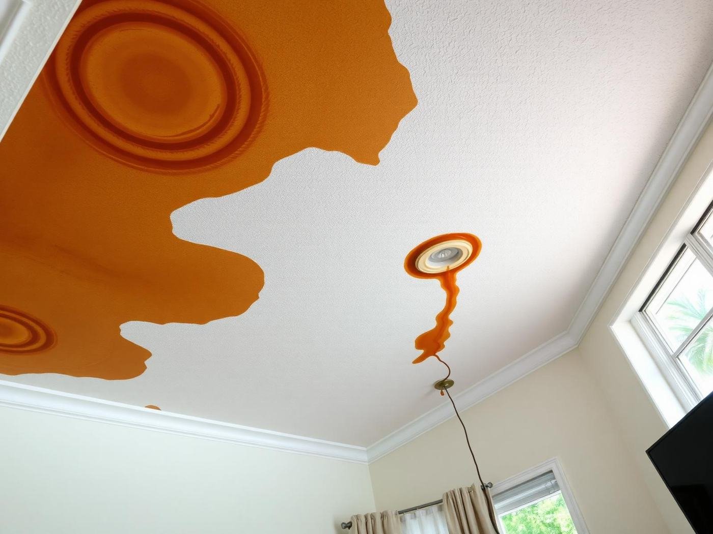 Job #SD-2409-042 before storm restoration — living room ceiling and upper wall showing large brown and yellow water stain rings across white textured drywall, paint bubbling and peeling, a soft sagging spot around a recessed light fixture with drip marks running down the upper wall, same camera angle as the after photo.