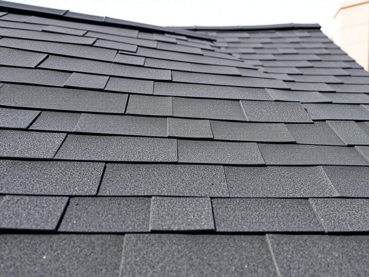 Job #SD-2507-008 after storm restoration — the same asphalt shingle roof section from the same angle, now fully replaced with uniform brand-new dark gray shingles in clean straight rows, full even granule coverage, no dents, no bruises, no chalk marks.