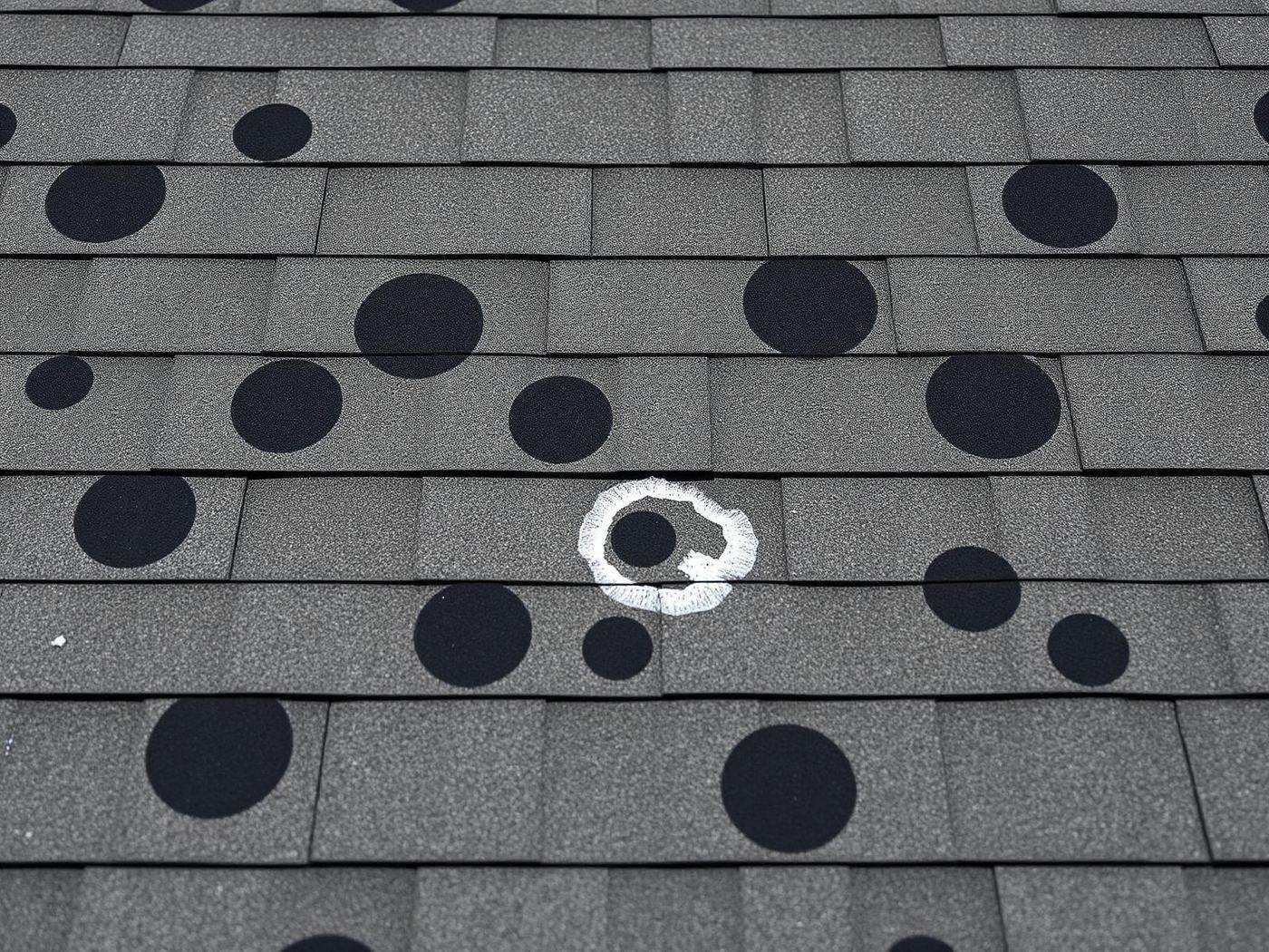 Job #SD-2507-008 before storm restoration — close-up of a dark gray asphalt shingle roof surface covered in circular hail impact bruises and dents scattered across the shingles, visible granule loss exposing black asphalt matting, a white chalk circle marking one impact point for inspection, same camera angle as the after photo.