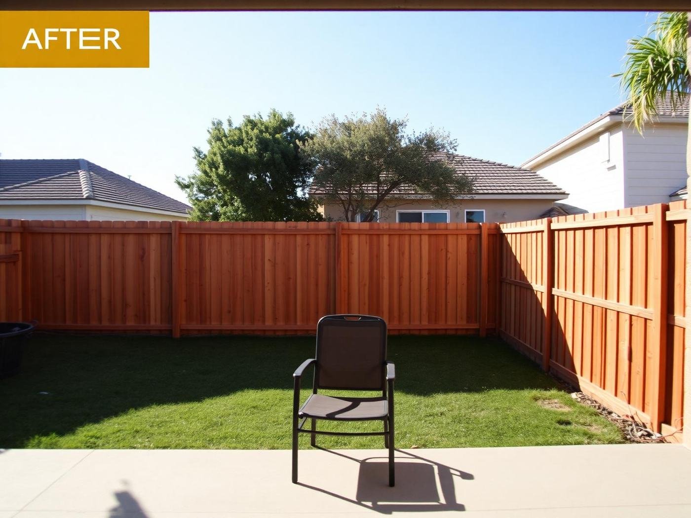 Job #SD-2508-014 after storm restoration — same backyard from the identical standing angle, new upright wood-panel privacy fence fully rebuilt in a straight line with clean uniform pickets, new metal post caps, freshly poured concrete footings visible at the base.