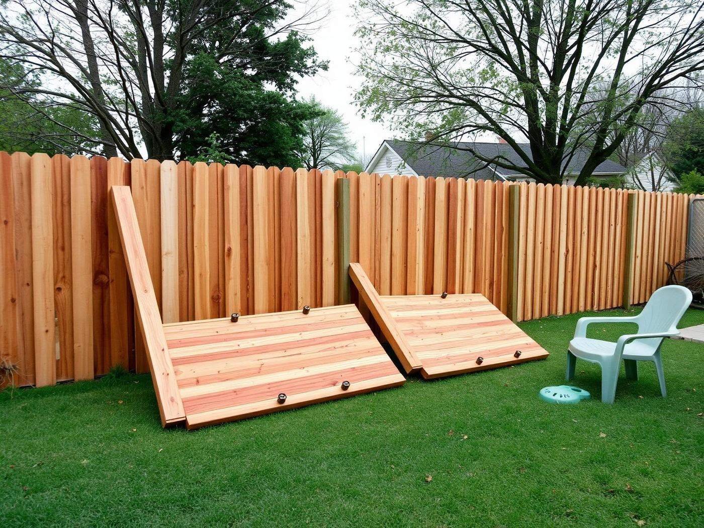 Job #SD-2508-014 before storm restoration — residential backyard wood-panel privacy fence blown down by monsoon straight-line winds, multiple fence panels collapsed inward across the yard, broken 4x4 posts snapped at the ground line, splintered pickets scattered, cracked concrete post footings visible, same standing camera angle as the after photo.