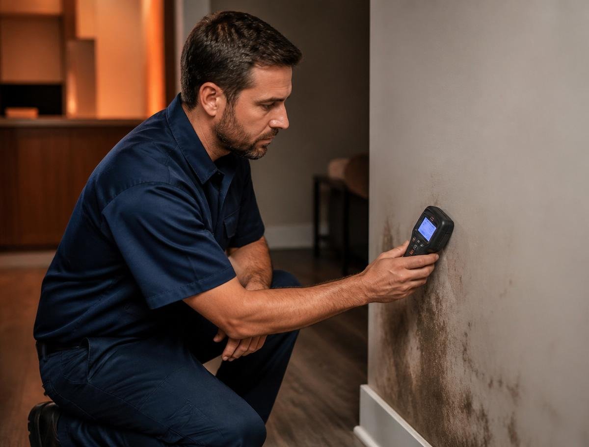 AZ Water Damage Restoration technician in PPE using a professional moisture meter on interior drywall