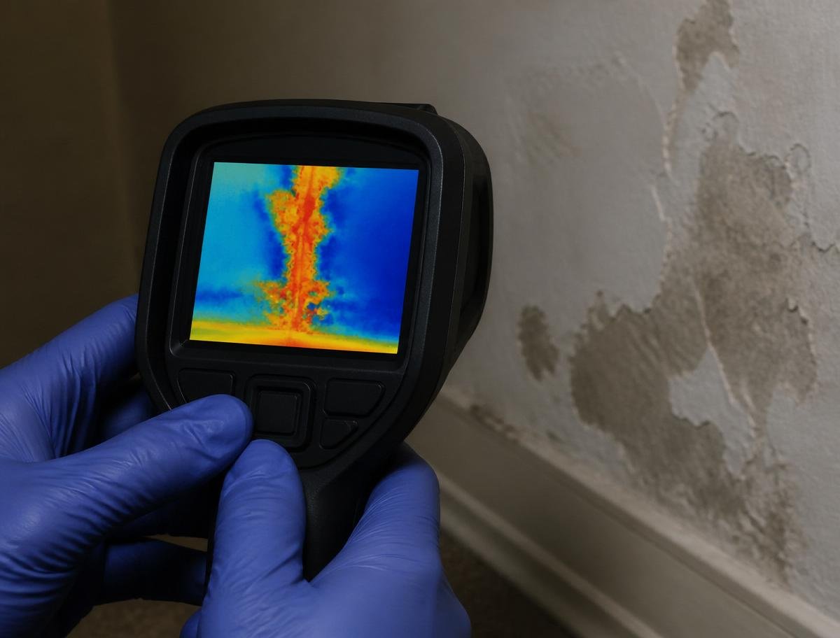Infrared thermal imaging camera revealing hidden moisture behind a wall surface