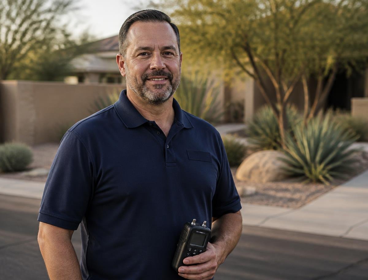 Experienced restoration crew lead in a navy uniform holding a moisture meter outside an Arizona home