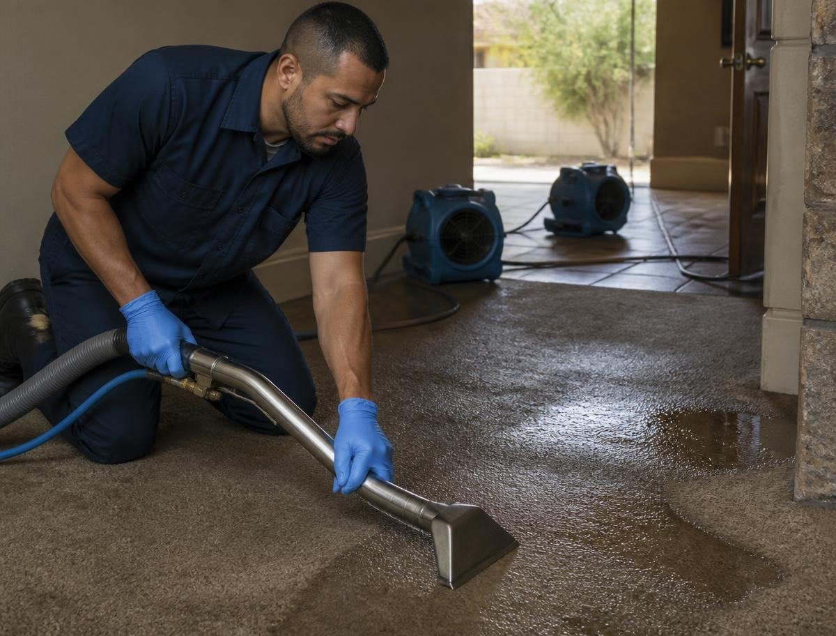 Uniformed restoration technician extracting standing water from soaked carpet with a truck-mount wand while air movers run behind him