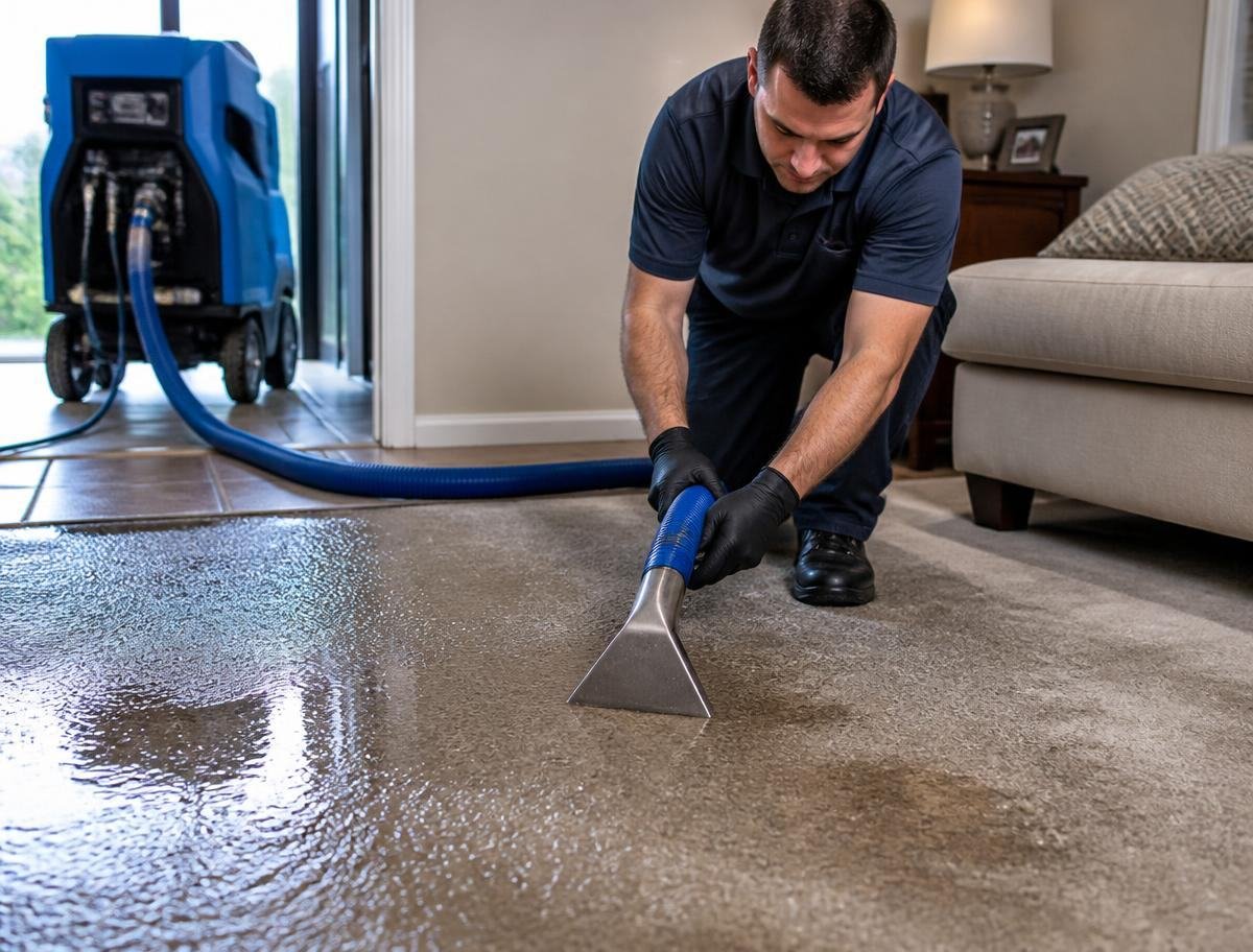 Restoration technician using a truck-mount extractor wand to pull standing water out of soaked carpet