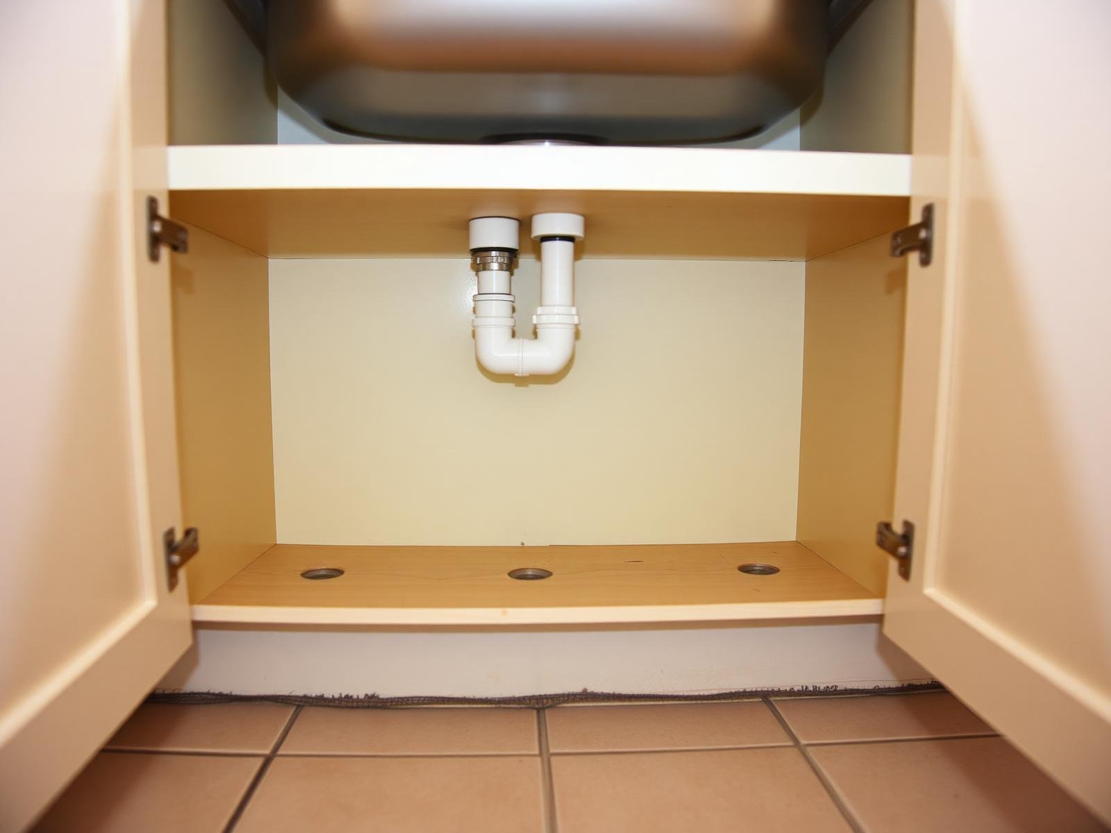 After water extraction and cabinet rebuild — dry cabinet interior with new sealed base and restored flooring