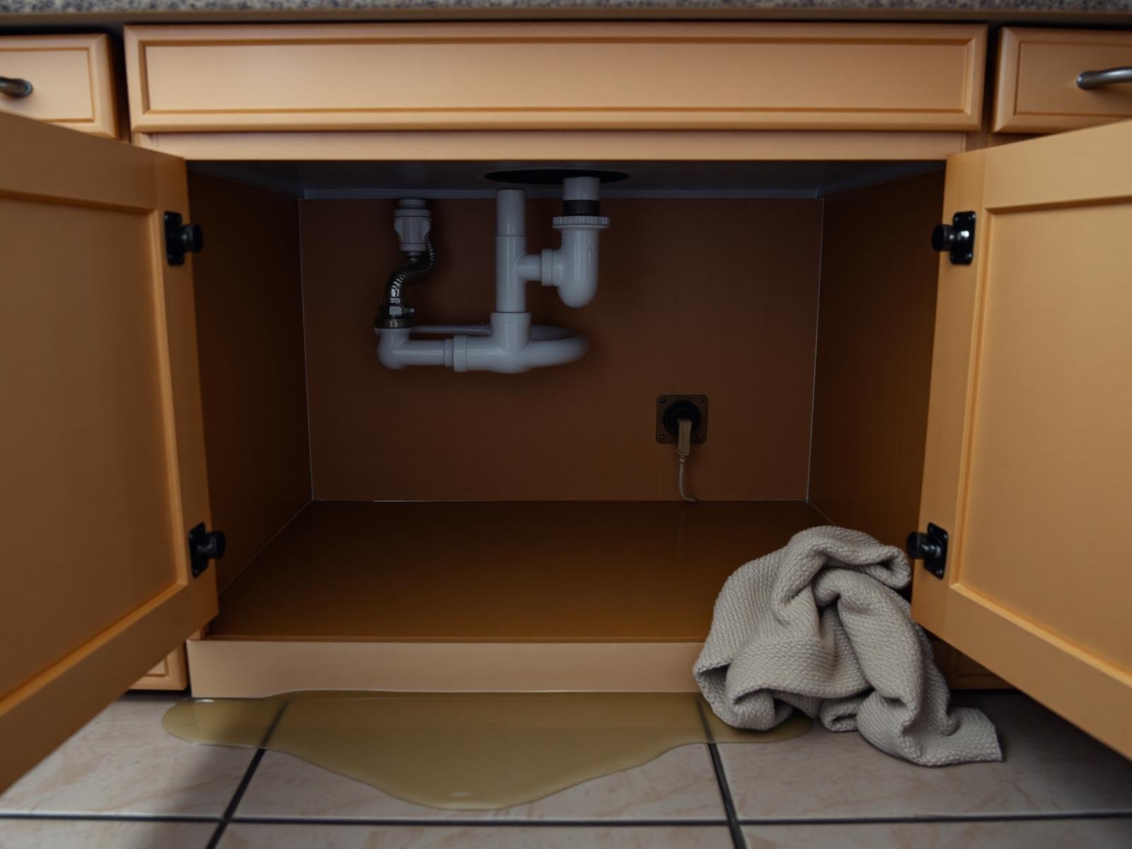 Before water extraction — open under-sink cabinet with standing water pooled and swollen particleboard base