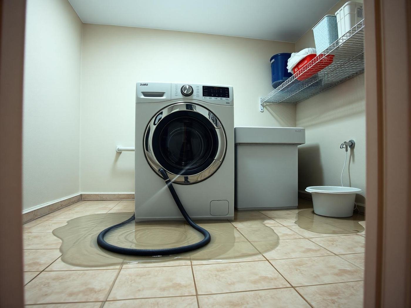 Before water extraction — laundry room flooded with standing water from burst washing machine hose