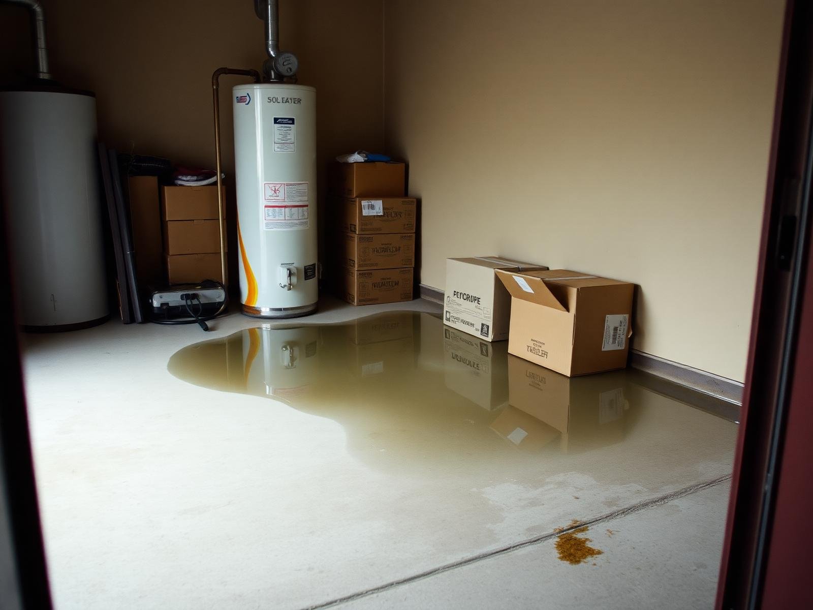 Before water extraction — 50-gallon water heater leaking across garage concrete floor toward drywall