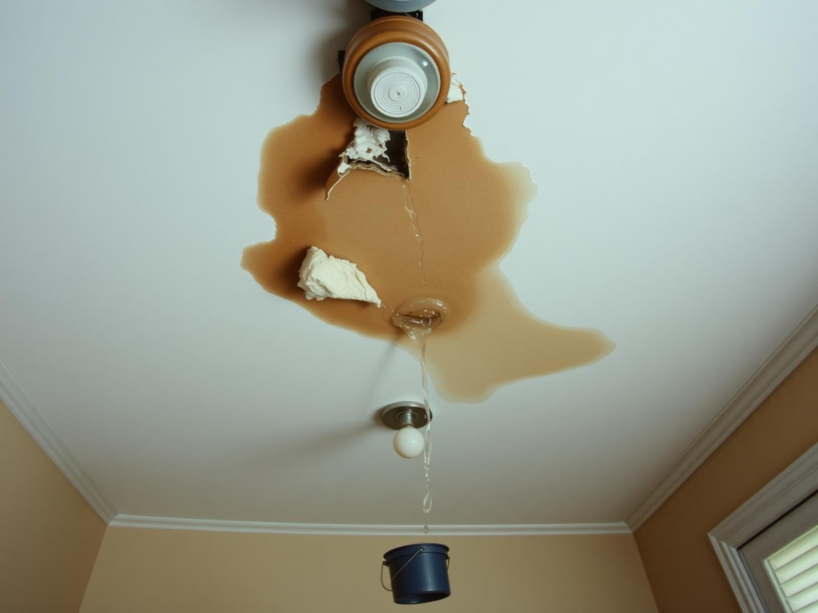 Before water extraction — sagging ceiling drywall with brown water staining from upstairs bathroom leak