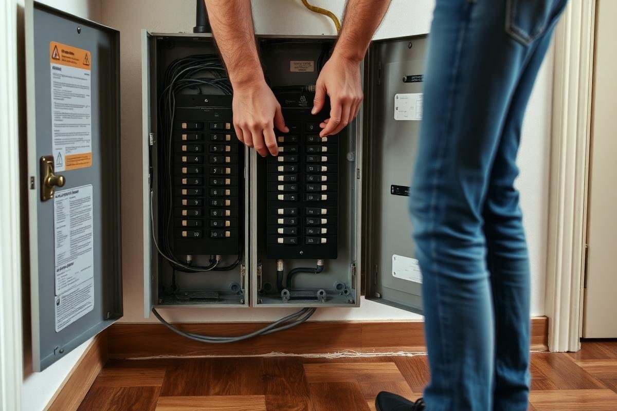 Homeowner safely reaching for an electrical breaker with dry hands on dry footing