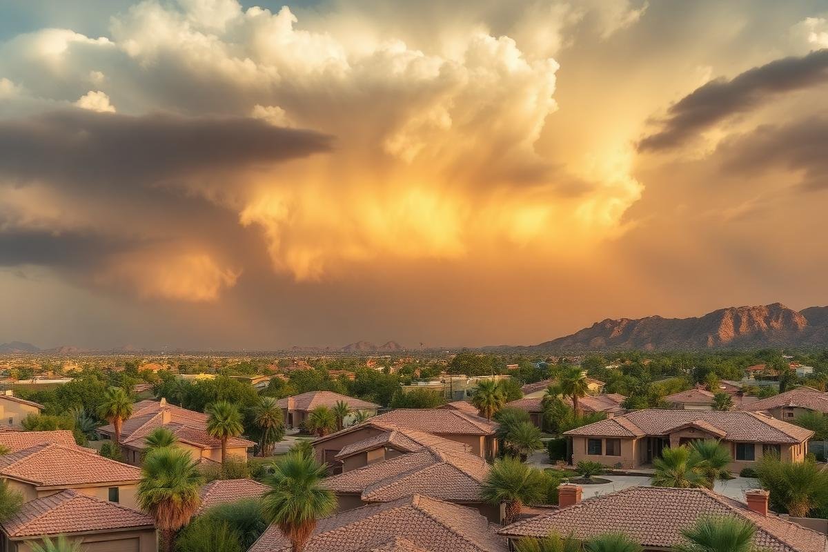 Monsoon storm clouds approaching a Phoenix residential neighborhood