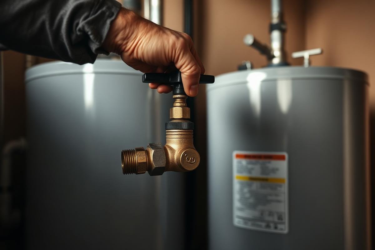Homeowner shutting off the main water valve near a water heater in a Phoenix garage
