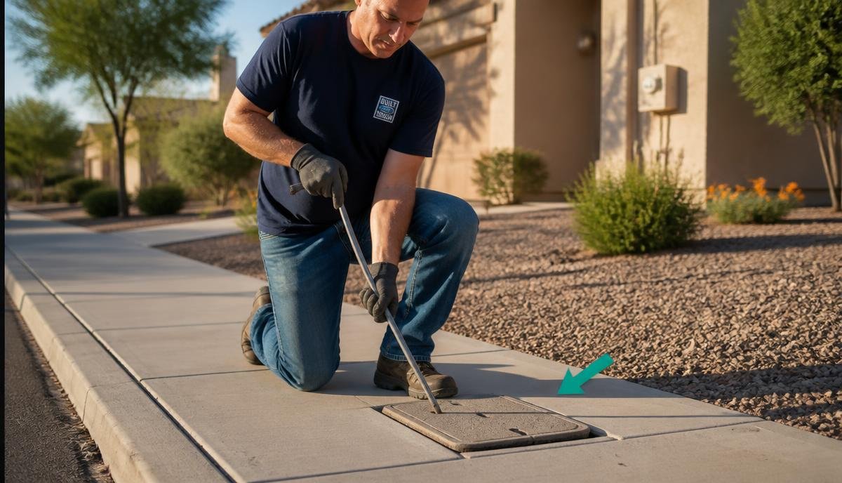 A homeowner using a tool to open a ground-level water meter box lid at the street