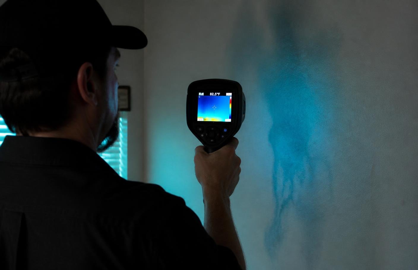 Technician using a thermal imaging camera to see a blue moisture signature behind a wall
