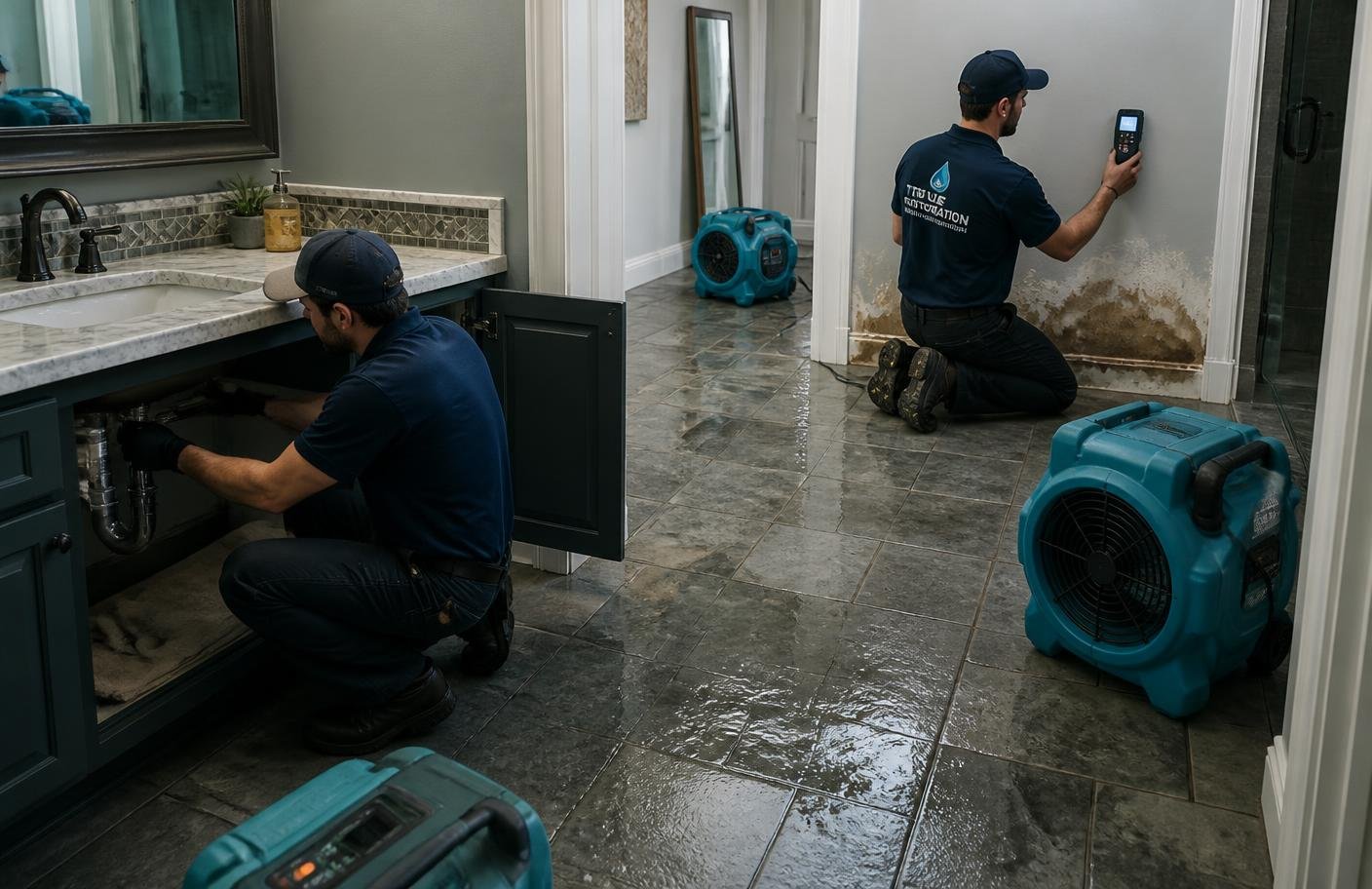 A plumber fixing a pipe while a restoration technician monitors moisture levels nearby