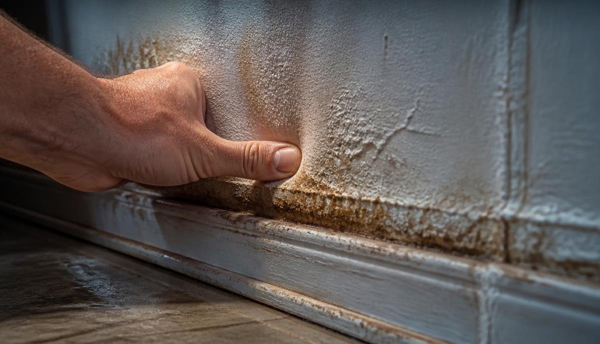A hand pressing into a soft, water-damaged section of drywall to show the indentation