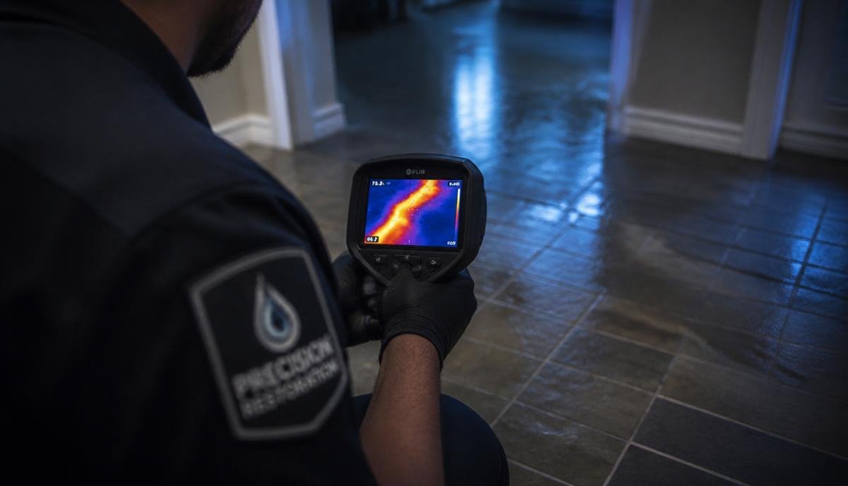 A technician using a thermal imaging camera to detect a bright orange heat signature from a slab leak under tile