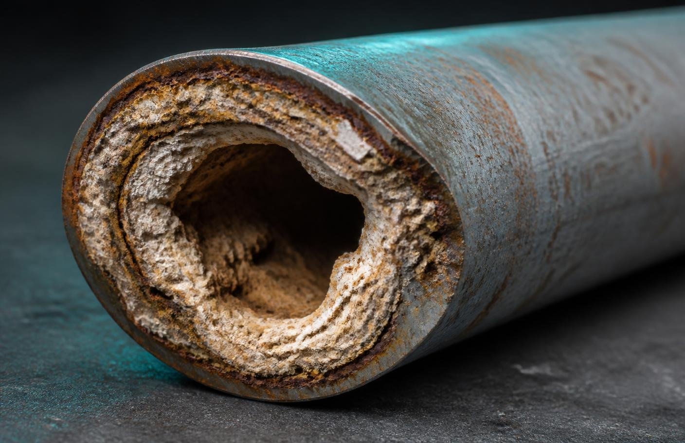 The interior of a pipe filled with thick mineral scale and rust