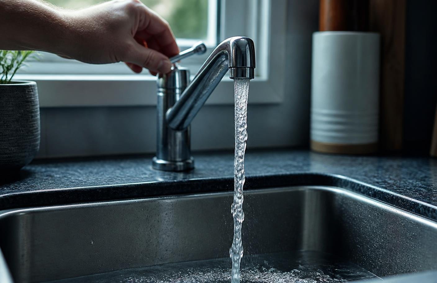 Water draining from an open bathroom faucet after the main valve was shut off