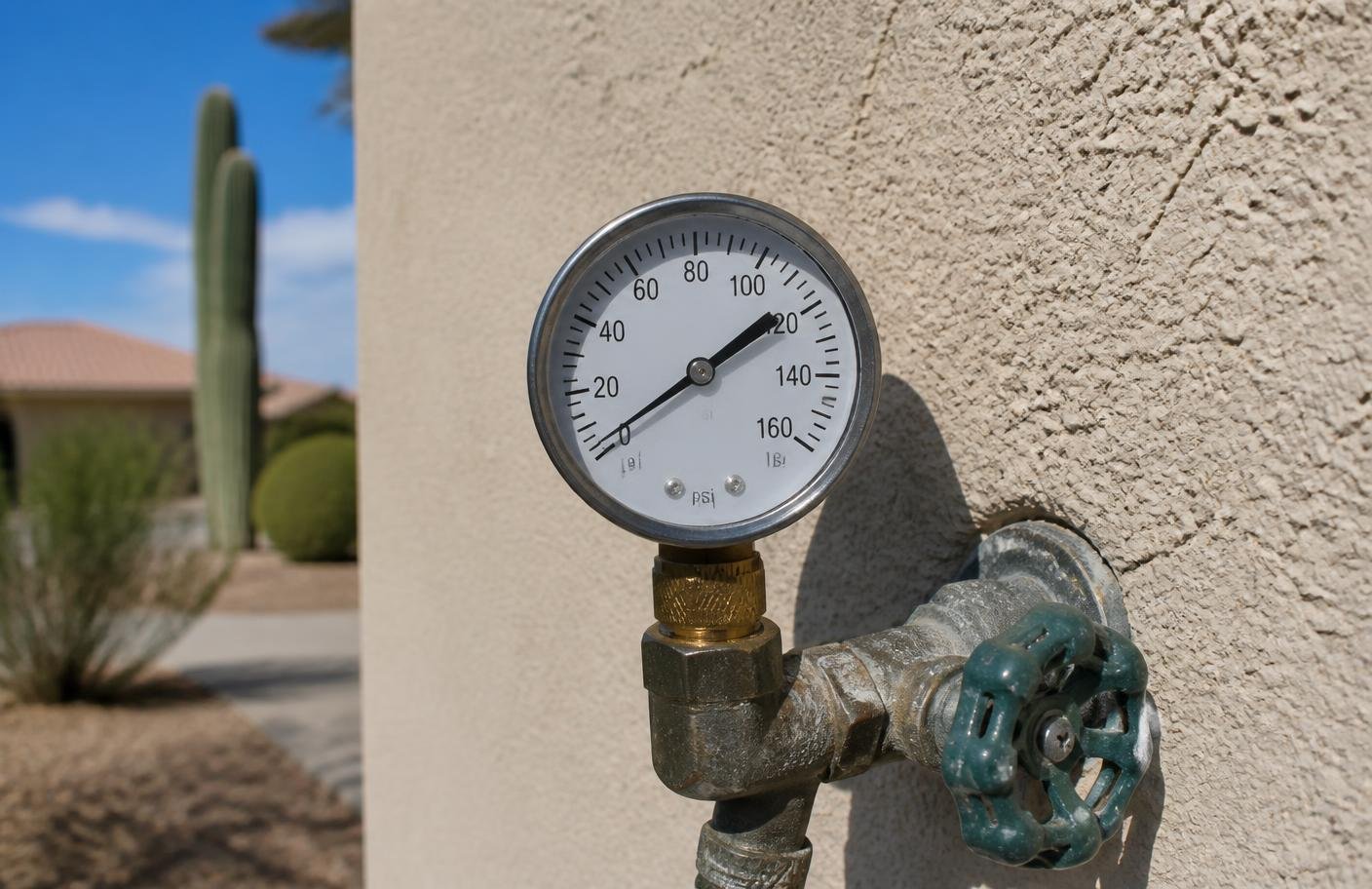 A water pressure gauge attached to a spigot showing a reading of 110 PSI