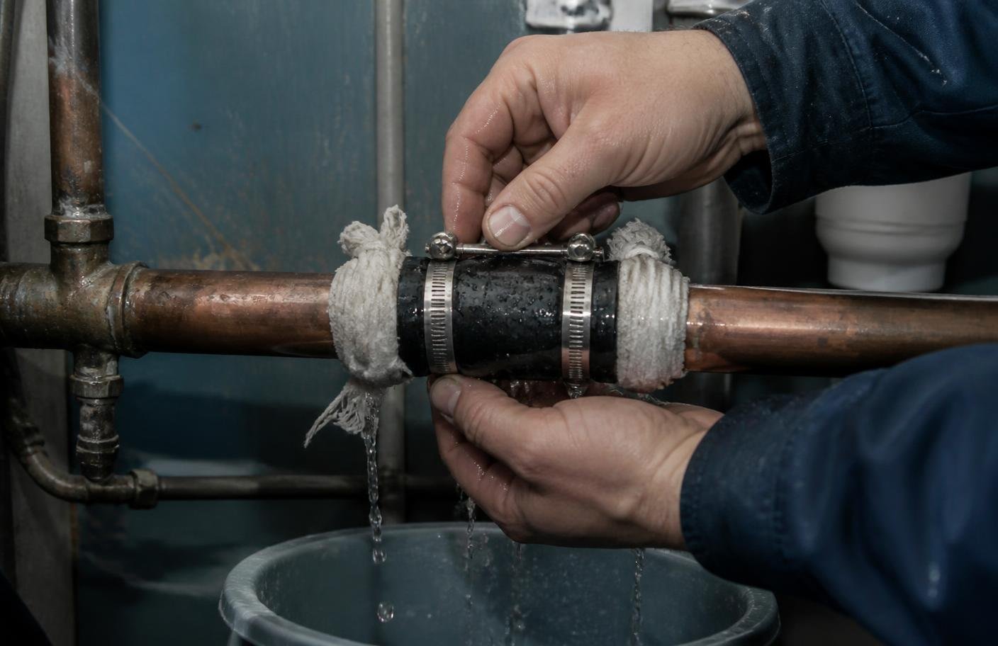 A temporary pipe clamp applied to a copper pipe to stop a leak