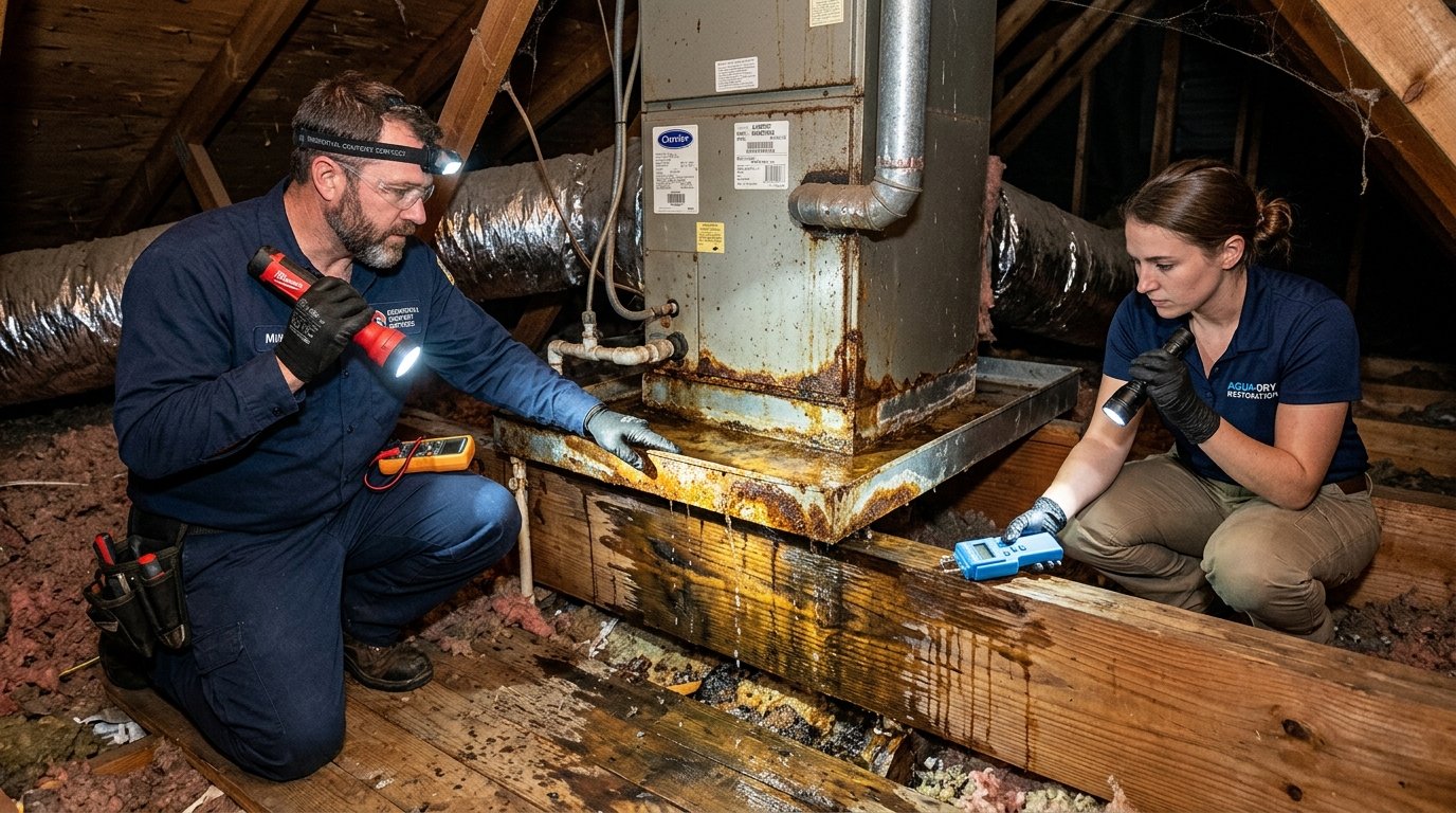 HVAC technician and water restoration specialist inspecting a rusted, overflowing AC condensate drain pan and wet ceiling trusses in an attic