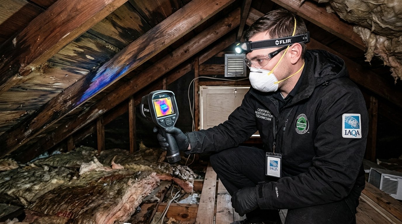 IICRC-certified restoration specialist scanning water-saturated attic framing and insulation with an infrared thermal imaging camera