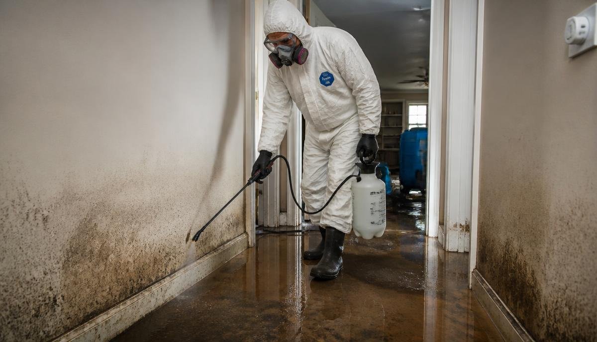 Restoration technician wearing a full protective suit, respirator, goggles and boots while sanitizing a hallway after a Category 3 black water loss