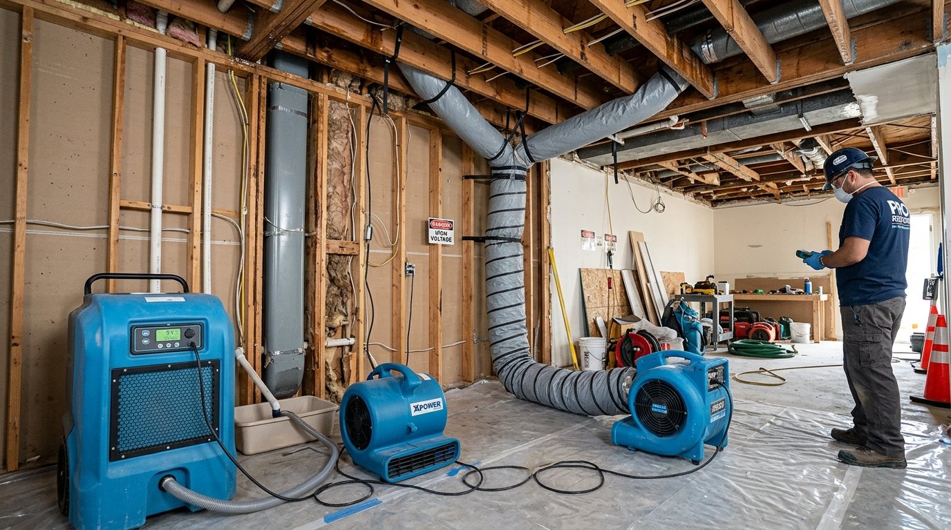 Industrial commercial dehumidifier and centrifugal air movers with lay-flat ducting drying an open ceiling joist bay structure