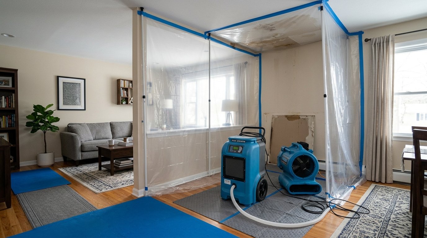 Commercial LGR dehumidifier and axial air mover drying a living room ceiling cavity within a negative-air plastic containment chamber
