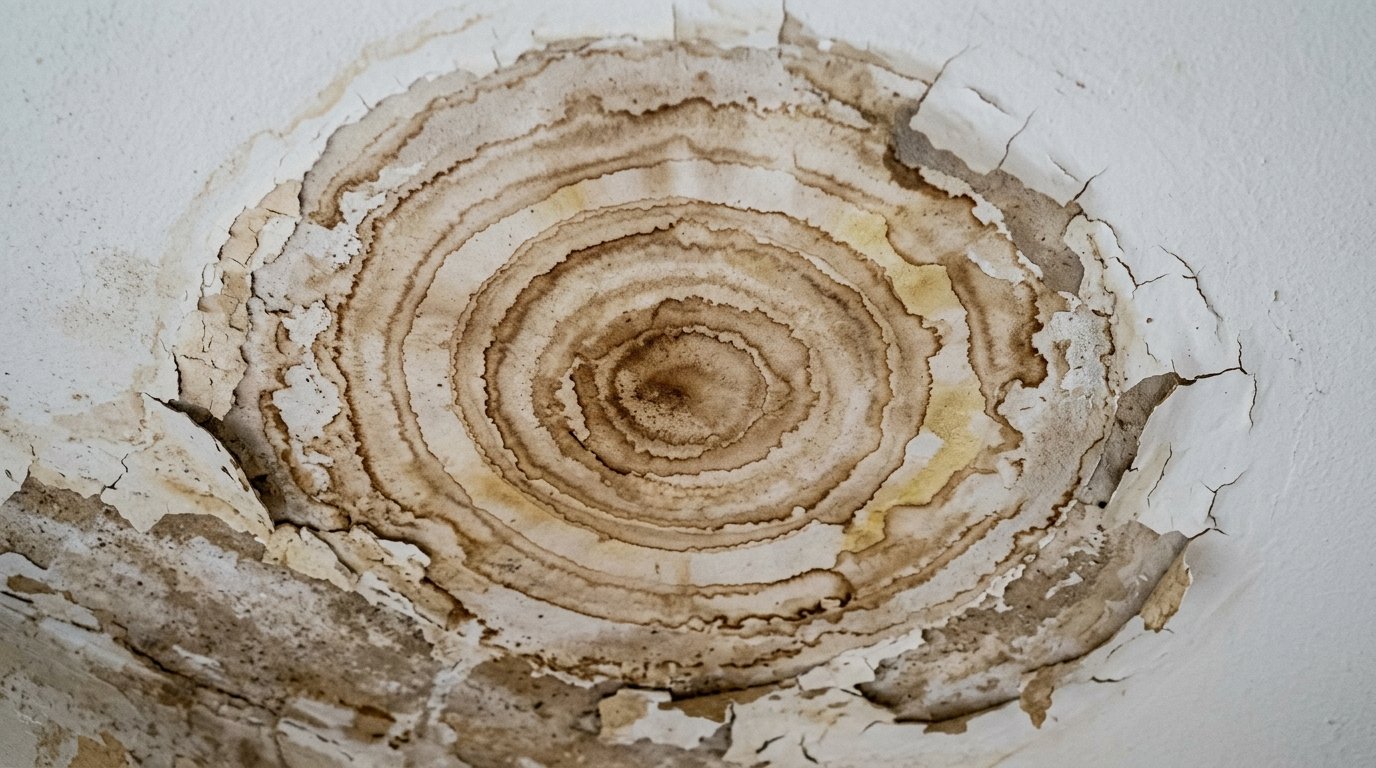 Macro photograph of ceiling water damage showing multiple concentric brown rings and flaking paint