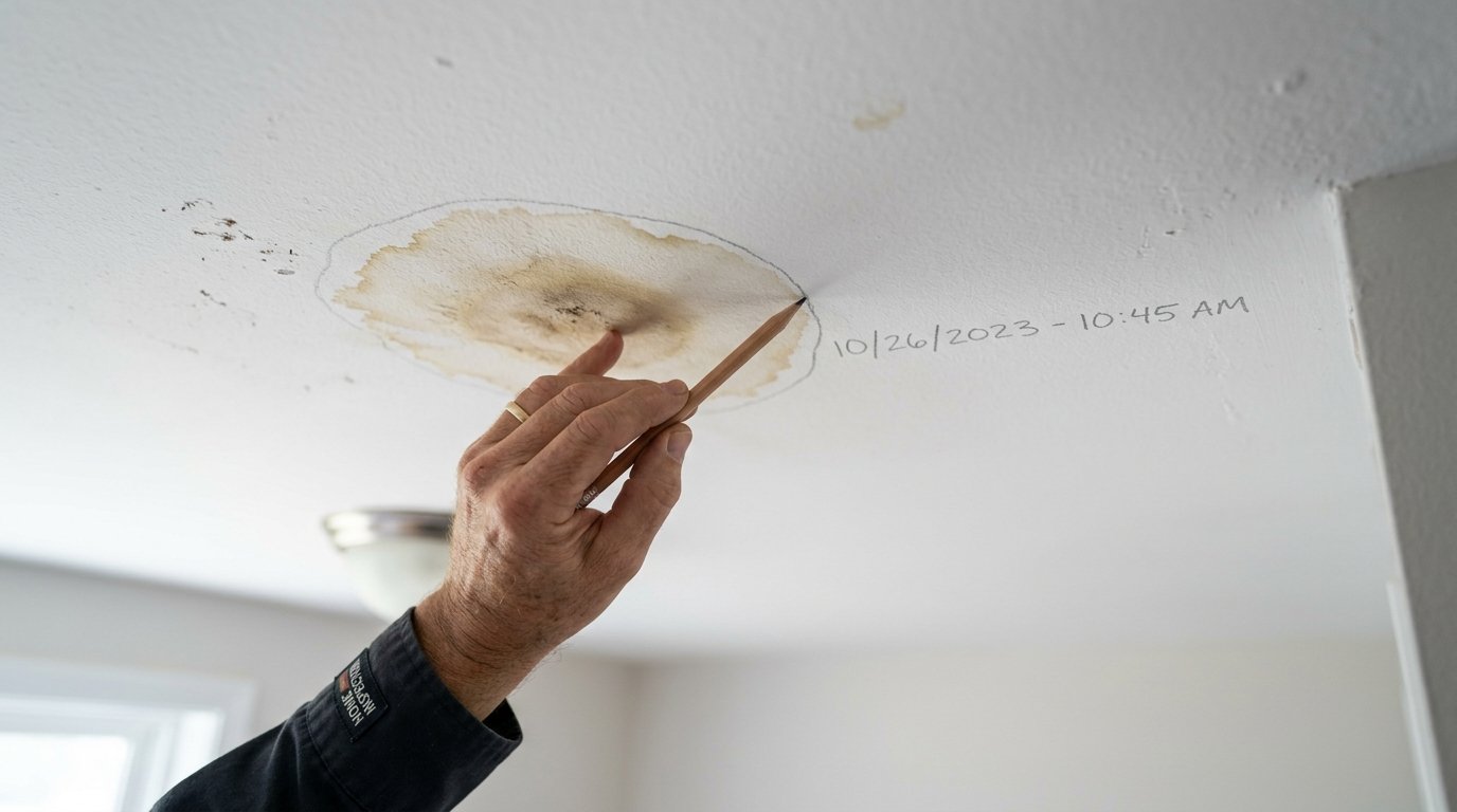 Hand using a pencil to trace the perimeter of a water stain on drywall ceiling with timestamp recorded