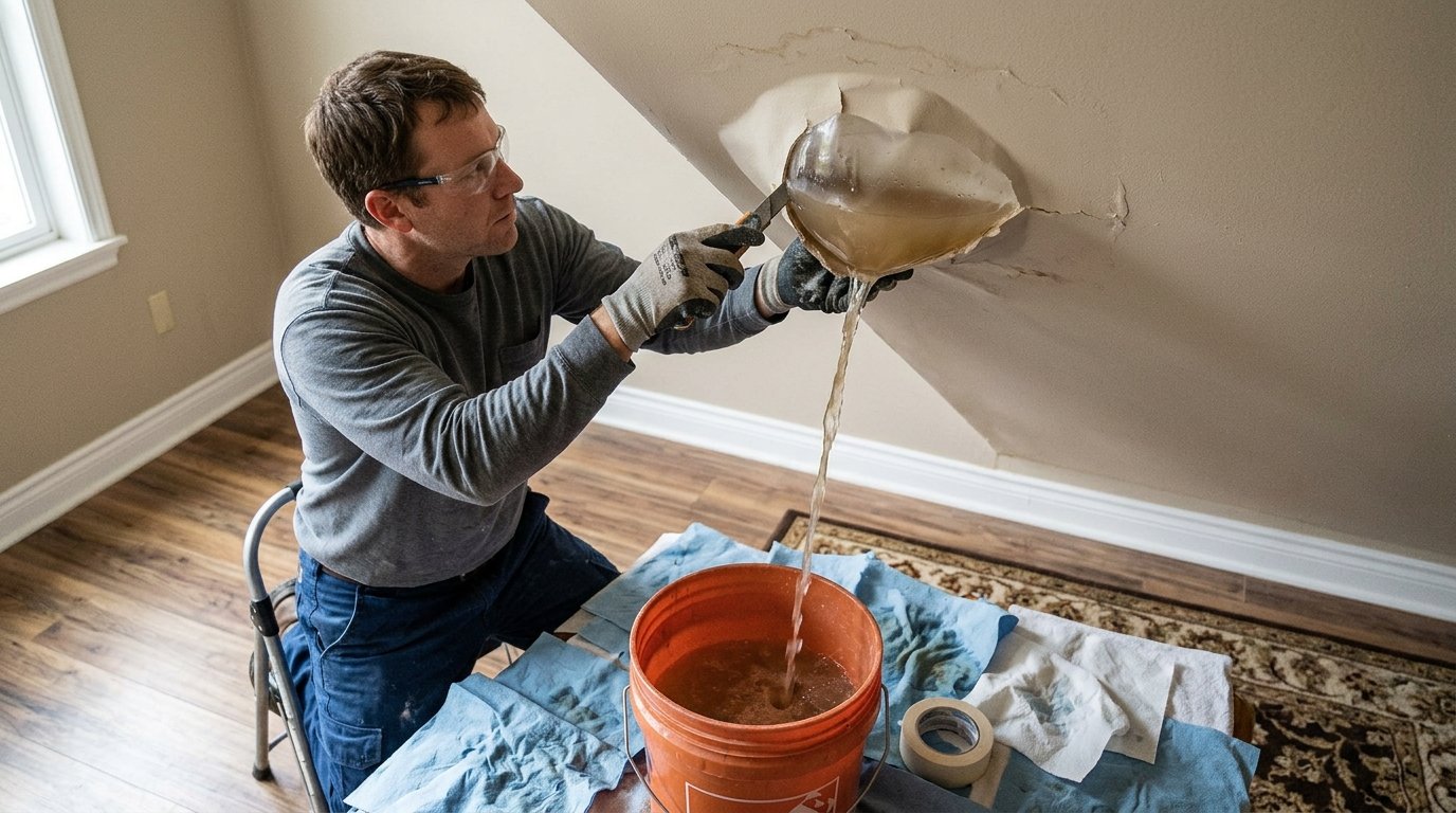 Technician puncturing a sagging water blister in ceiling drywall to drain trapped water into a bucket on the floor