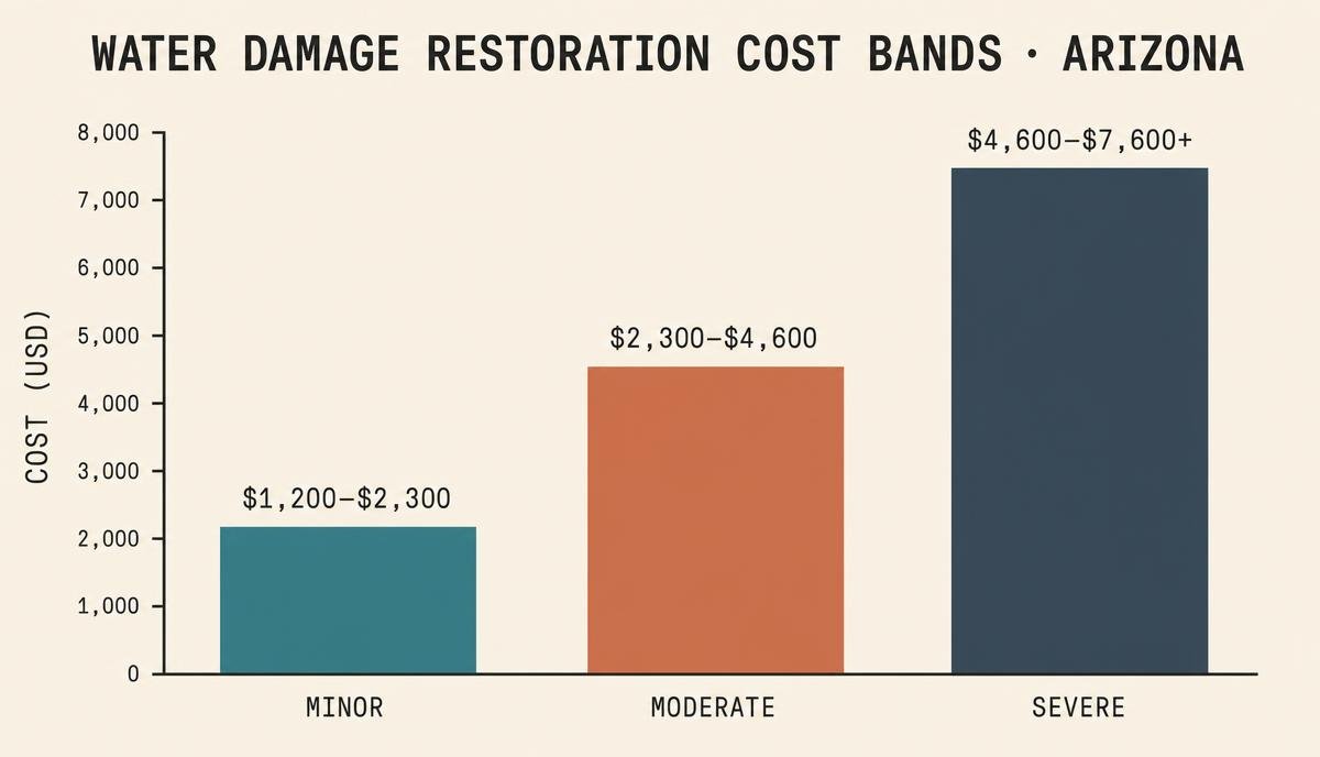 Bar chart comparing Arizona water damage restoration cost bands for minor, moderate and severe damage