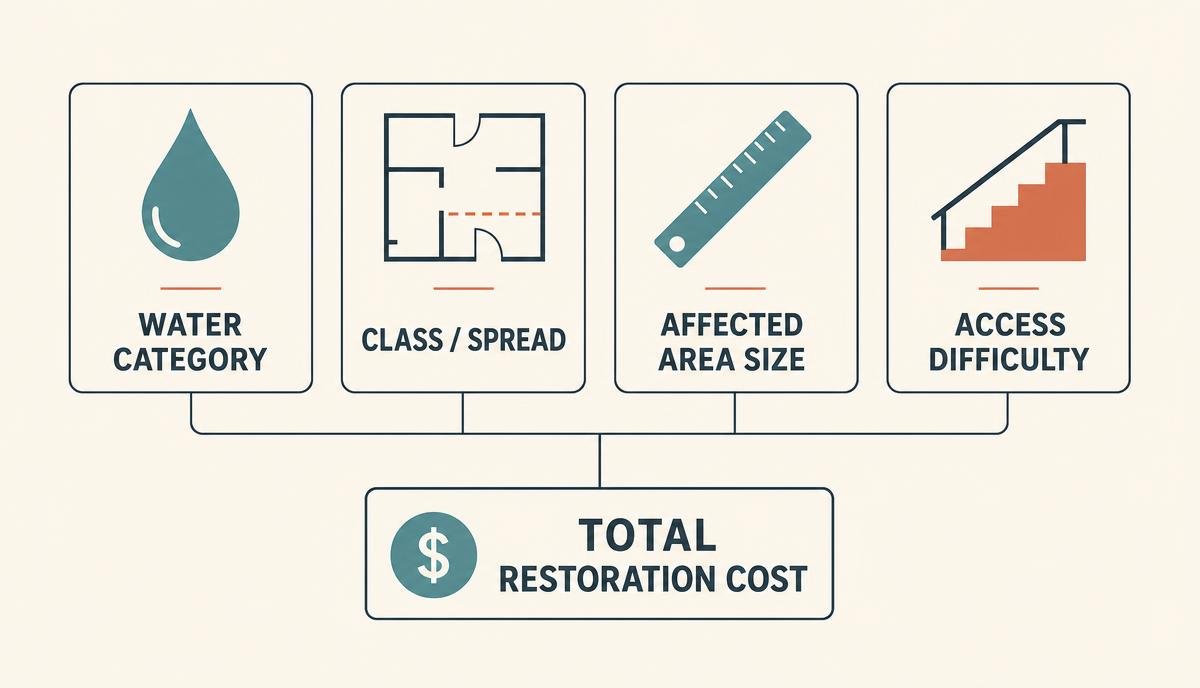 Diagram showing the four main water damage restoration cost factors: water category, class or spread, affected area size, and access difficulty