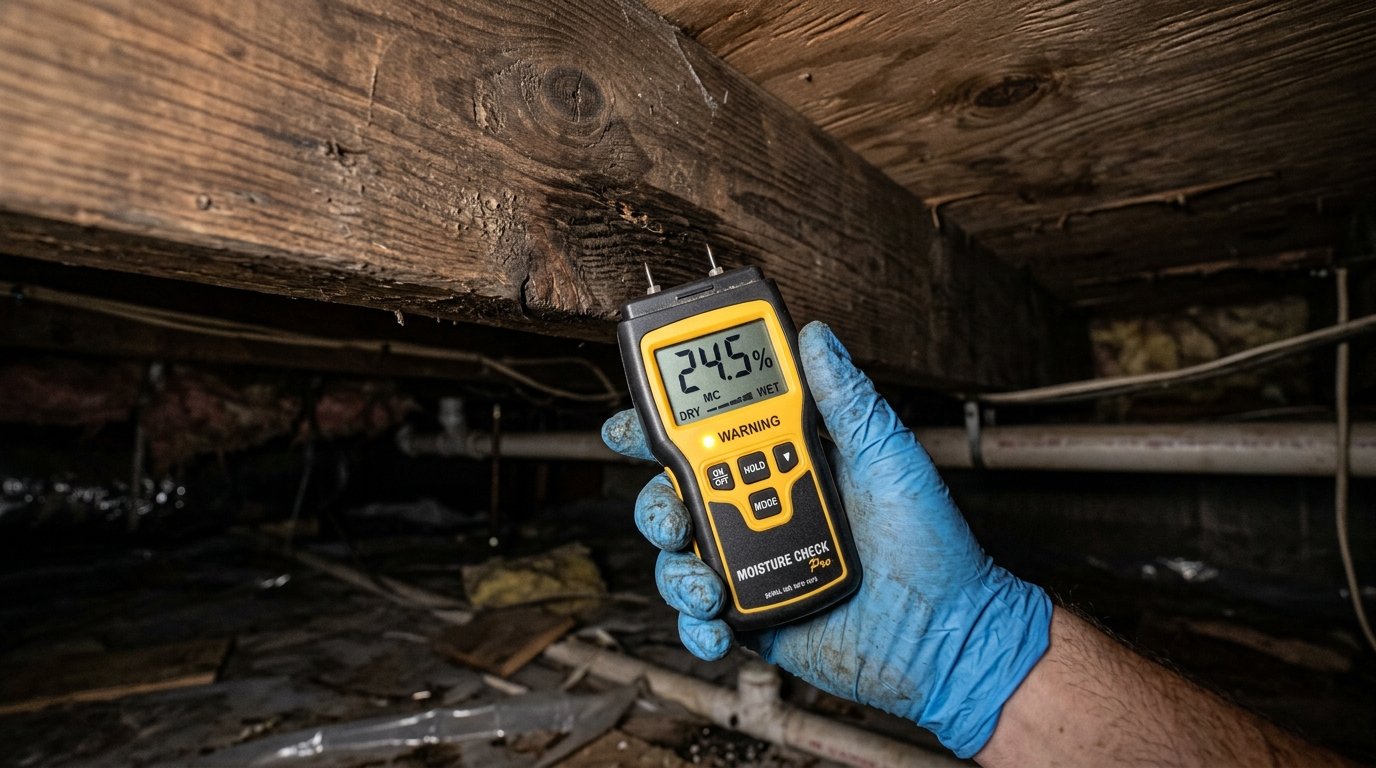 Professional dual-pin electronic wood moisture meter reading 24.5% moisture content with a yellow warning light on a crawl space subfloor joist