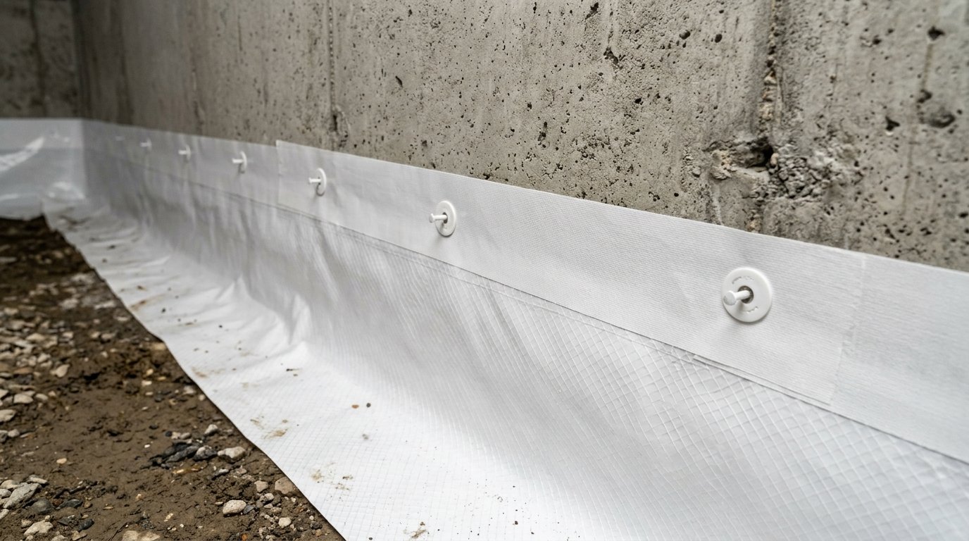 Detail view of thick white 20-mil reinforced crawl space vapor barrier sealed along concrete foundation stem wall with heavy-duty vapor tape and fasteners