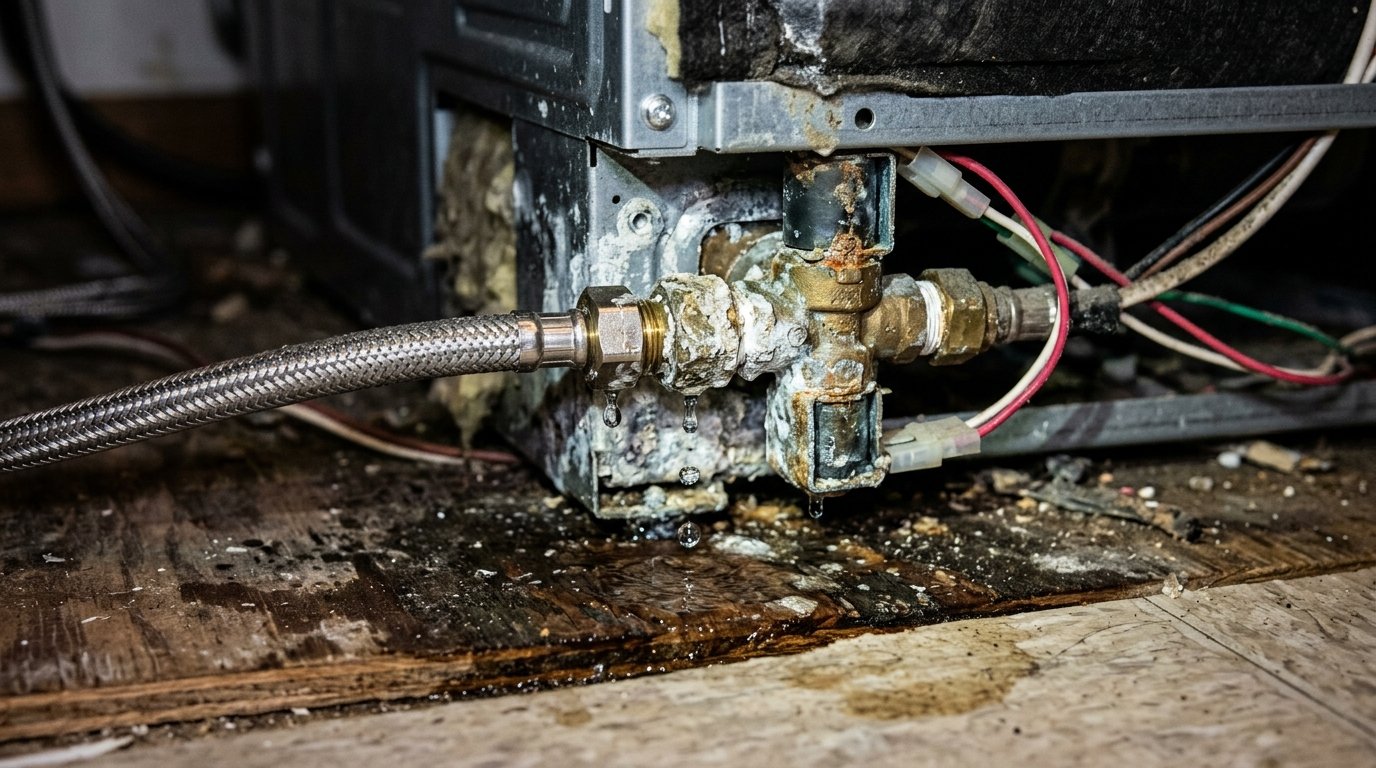 Technical diagram detailing the primary mechanical and plumbing failure points of modern dishwashers including solenoid valves, pump seals, and high loop drains