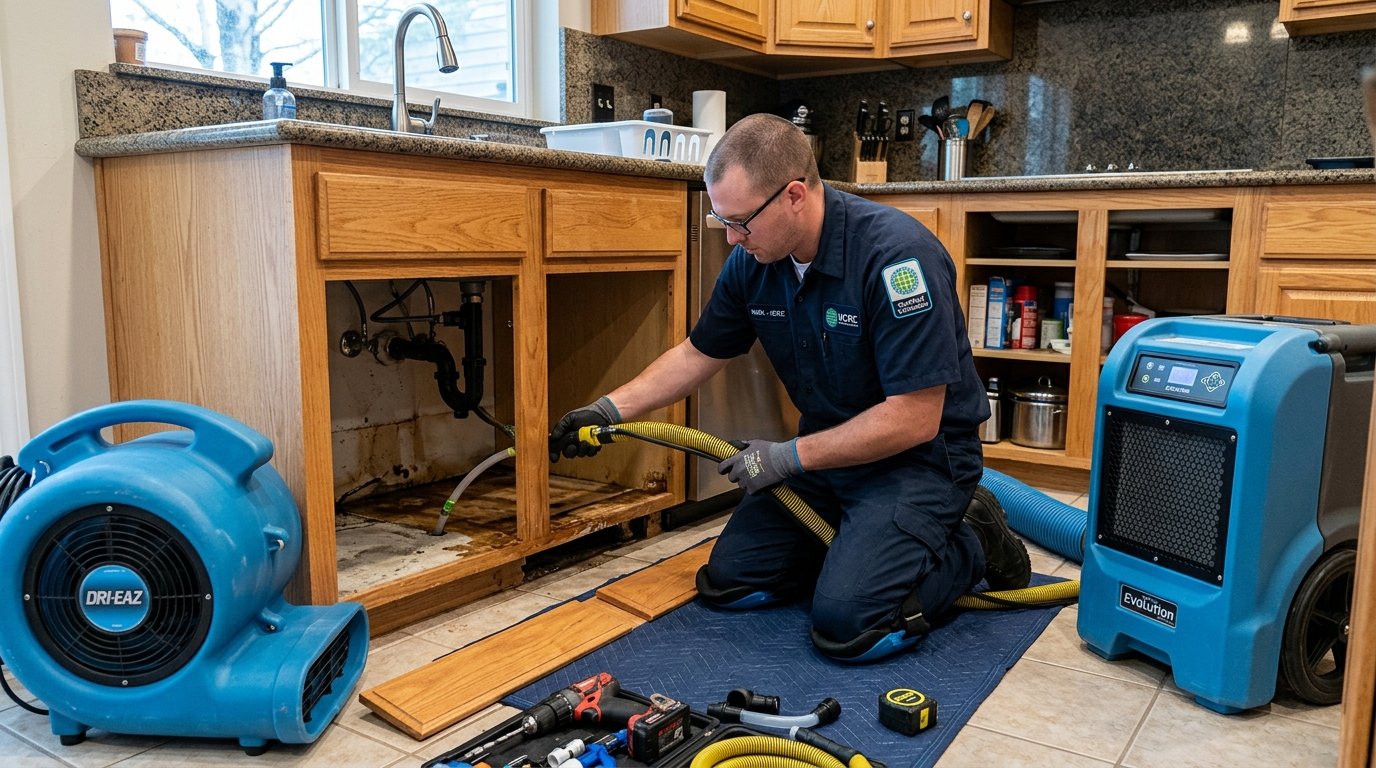 Restoration setup showing sub-cabinet cavity air injection drying and moisture meter monitoring beneath custom kitchen cabinets