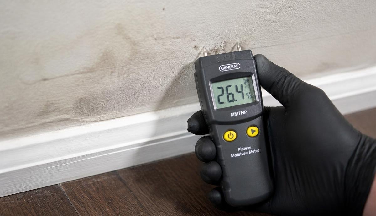 A technician using a moisture meter on a wall that looks visually dry but shows high moisture levels