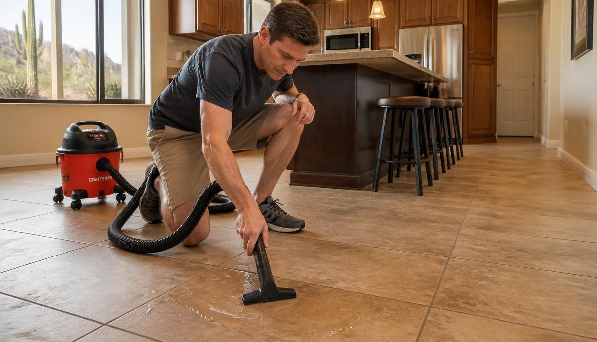 A homeowner using a wet/dry shop vac to clean up a small water spill on a kitchen tile floor