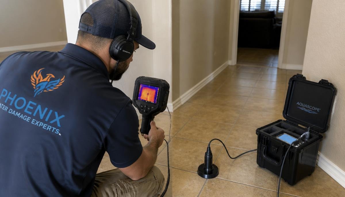A professional technician using sonic leak detection equipment on a Phoenix home's concrete slab